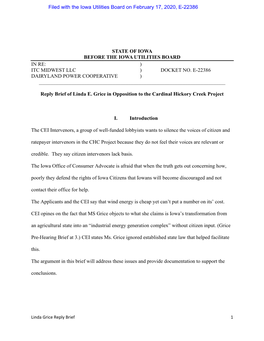 State of Iowa Before the Iowa Utilities Board in Re: ) Itc Midwest Llc ) Docket No. E-22386 Dairyland Power Cooperative ) ______