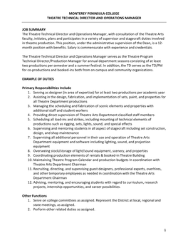 MONTEREY PENINSULA COLLEGE THEATRE TECHNICAL DIRECTOR and OPERATIONS MANAGER 1 JOB SUMMARY the Theatre Technical Director and Op