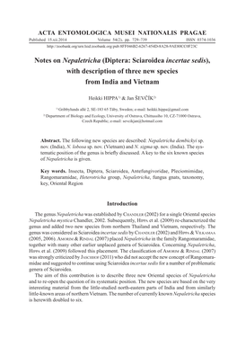 Diptera: Sciaroidea Incertae Sedis), with Description of Three New Species from India and Vietnam