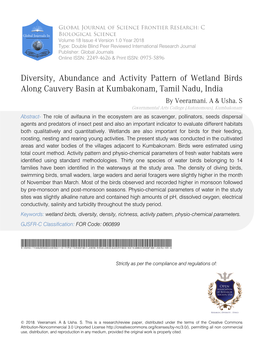 Diversity, Abundance and Activity Pattern of Wetland Birds Along Cauvery Basin at Kumbakonam, Tamil Nadu, India by Veeramani