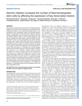 Geminin Deletion Increases the Number of Fetal Hematopoietic Stem Cells by Affecting the Expression of Key Transcription Factors Dimitris Karamitros1,*, Alexandra L