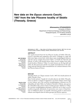New Data on the Equus Stenonis Cocchi, 1867 from the Late Pliocene Locality of Sésklo (Thessaly, Greece)