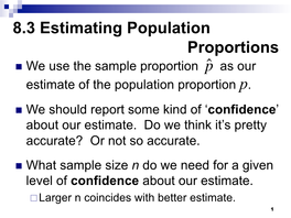 8.3 Estimating Population Proportions ! We Use the Sample Proportion P ˆ As Our Estimate of the Population Proportion P