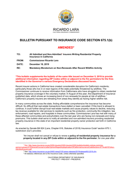 Mandatory Moratorium on Non-Renewals After Recent Wildfire Activity