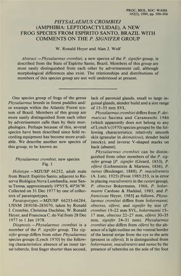 Physalaemus Crombiei (Amphibia: Leptodactylidae), a New Frog Species from Espirito Santo, Brazil with Comments on the P
