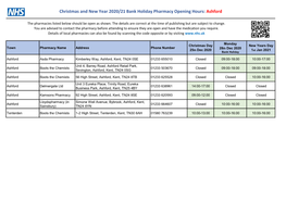 Christmas and New Year 2020/21 Bank Holiday Pharmacy Opening Hours: Ashford