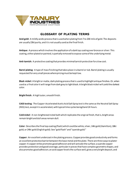 GLOSSARY of PLATING TERMS Acid Gold: a Mildly Acidic Process That Is Used When Plating from 7 to 200 Mils of Gold