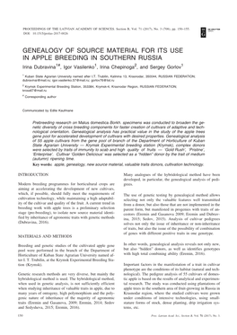 GENEALOGY of SOURCE MATERIAL for ITS USE in APPLE BREEDING in SOUTHERN RUSSIA Irina Dubravina1#, Igor Vasilenko1, Irina Chepinoga2, and Sergey Gorlov1