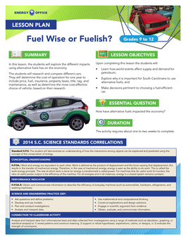 Fuel Wise Or Fuelish? Grades 9 to 12