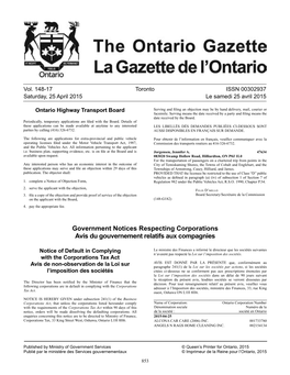 Ontario Gazette Volume 148 Issue 17, La Gazette De L'ontario Volume 148