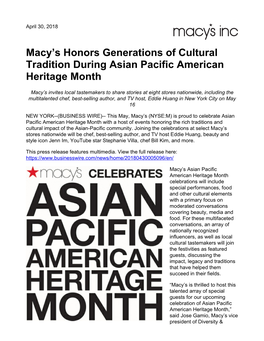 Macy's Honors Generations of Cultural Tradition During Asian Pacific