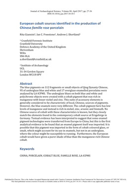 European Cobalt Sources Identified in the Production of Chinese Famille Rose Porcelain Abstract Keywords