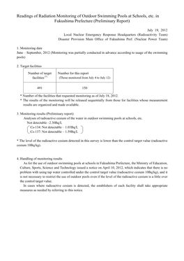 Readings of Radiation Monitoring of Outdoor Swimming Pools at Schools, Etc