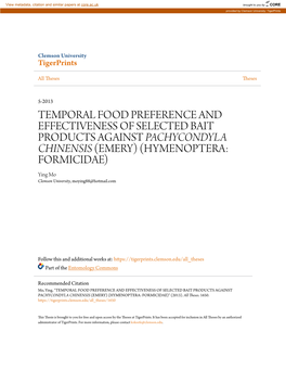 Temporal Food Preference and Effectiveness of Selected Bait Products Against Pachycondyla Chinensis (Emery) (Hymenoptera: Formicidae)" (2013)