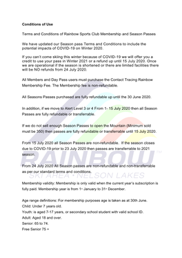 Terms and Conditions of Rainbow Sports Club Membership and Season Passes