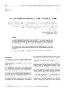 Lentinula Edodes Biotechnology – from Lentinan to Lectins