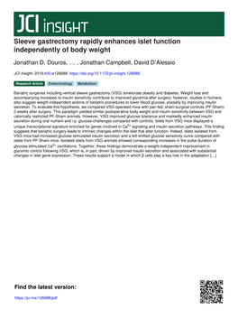 Sleeve Gastrectomy Rapidly Enhances Islet Function Independently of Body Weight