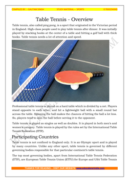 Table Tennis - Overview Table Tennis, Also Called Ping Pong, Is a Sport That Originated in the Victorian Period in England