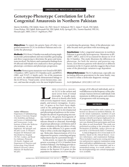 Genotype-Phenotype Correlation for Leber Congenital Amaurosis in Northern Pakistan