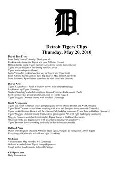 Detroit Tigers Clips Thursday, May 20, 2010