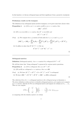 In This Handout, We Discuss Orthogonal Maps and Their Significance from A