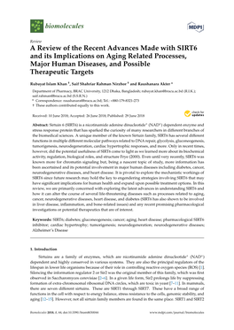 A Review of the Recent Advances Made with SIRT6 and Its Implications on Aging Related Processes, Major Human Diseases, and Possible Therapeutic Targets