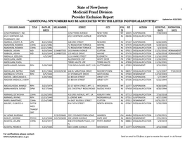 State of New Jersey Medicaid Fraud Division Provider Exclusion Report