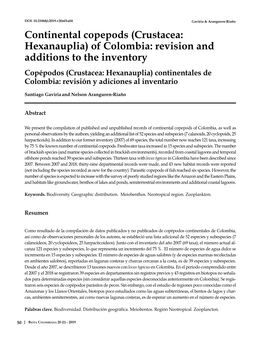 Copépodos (Crustacea: Hexanauplia) Continentales De Colombia: Revisión Y Adiciones Al Inventario