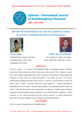 Review of Ethnomedicinal Uses of Gloriosa Superba Plant of Nandurbar District, Maharashtra