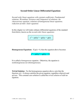 Second Order Linear Differential Equations Y