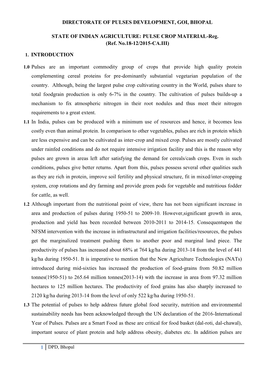 DIRECTORATE of PULSES DEVELOPMENT, GOI, BHOPAL STATE of INDIAN AGRICULTURE: PULSE CROP MATERIAL-Reg. (Ref. No.18-12/2015-CA.II