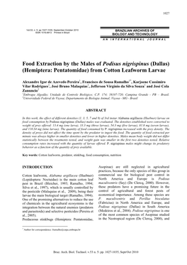 Food Extraction by the Males of Podisus Nigrispinus (Dallas) (Hemiptera: Pentatomidae) from Cotton Leafworm Larvae