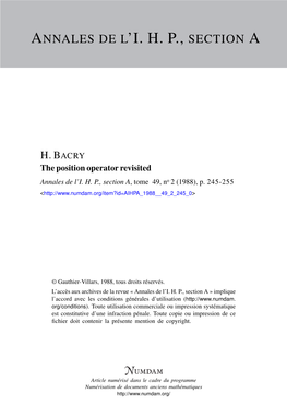 The Position Operator Revisited Annales De L’I