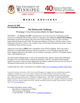 MEDIAADVISORY the Duckworth Challenge: Winnipeg's Two