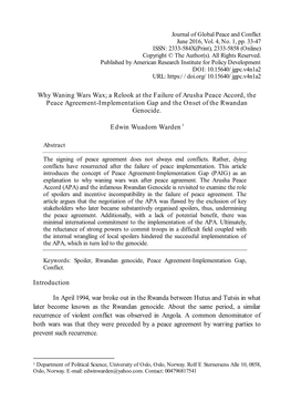 Why Waning Wars Wax; a Relook at the Failure of Arusha Peace Accord, the Peace Agreement-Implementation Gap and the Onset of the Rwandan Genocide