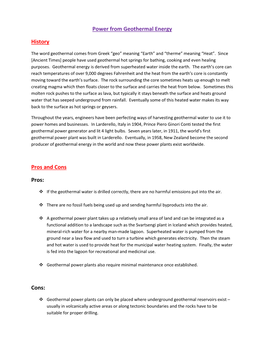 Power from Geothermal Energy History Pros and Cons Pros