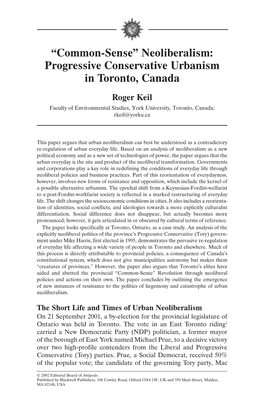 Neoliberalism: Progressive Conservative Urbanism in Toronto, Canada