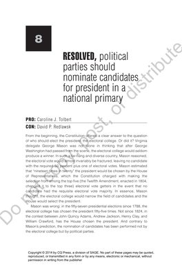 RESOLVED, Political Parties Should Nominate Candidates for President in a National Primary Distribute