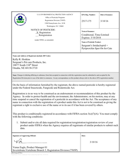 US EPA, Pesticide Product Label, Sergeant's Imidacloprid + Pyriproxyfen Spot on for Cats,03/10/2016