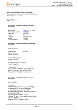 Anti-Geminin Antibody (Clone 1A8) Mouse Anti Human Monoclonal Antibody Catalog # ALS17716