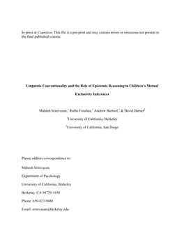 In Press at Cognition. This File Is a Pre-Print and May Contain Errors Or Omissions Not Present in the Final Published Version