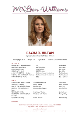 RACHAEL HILTON Representation: Alexandra Mclean-Williams