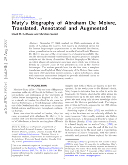 Maty's Biography of Abraham De Moivre, Translated