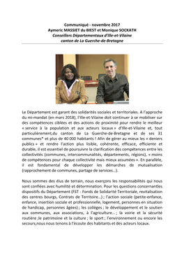 Novembre 2017 Aymeric MASSIET Du BIEST Et Monique SOCKATH Conseillers Départementaux D’Ille-Et-Vilaine Canton De La Guerche-De-Bretagne