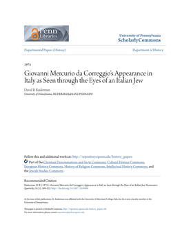 Giovanni Mercurio Da Correggio's Appearance in Italy As Seen Through the Eyes of an Italian Jew David B