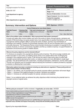 Copyright Exception for Parody Date: 13/12/12* IA No: BIS 1057 Stage: Final