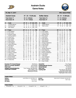 Anaheim Ducks Game Notes