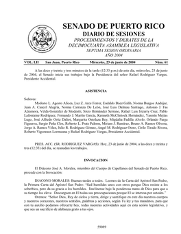 Senado De Puerto Rico Diario De Sesiones Procedimientos Y Debates De La Decimocuarta Asamblea Legislativa Septima Sesion Ordinaria Año 2004 Vol