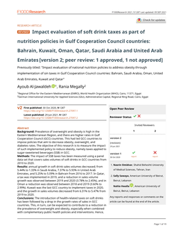 Impact Evaluation of Soft Drink Taxes As Part of Nutrition Policies in Gulf Cooperation Council Countries: Bahrain, Kuwait, Oman, Qatar, Saudi Arabia and United Arab