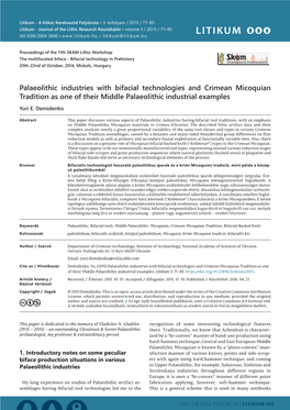 Palaeolithic Industries with Bifacial Technologies and Crimean Micoquian Tradition As One of Their Middle Palaeolithic Industrial Examples Yuri E